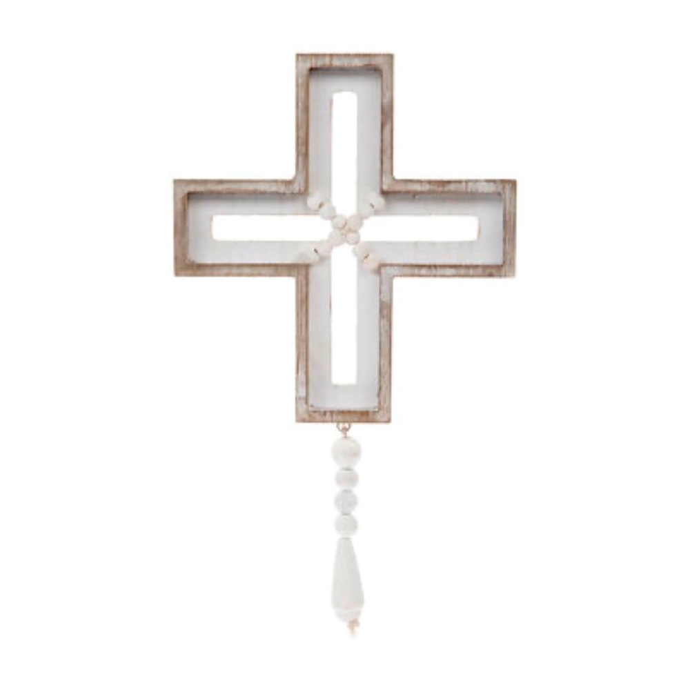 Whitewash Beaded Wood Wall Cross